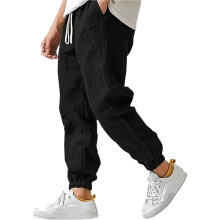 Cotton Linen Pants for Men Elastic Waist and Ankle-Black 5XL