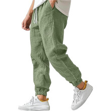 Cotton Linen Pants for Men Elastic Waist and Ankle-Green XXXL