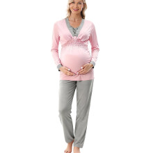V Neck Nursing Friendly Maternity Pajamas Set Fabric-Pink XL