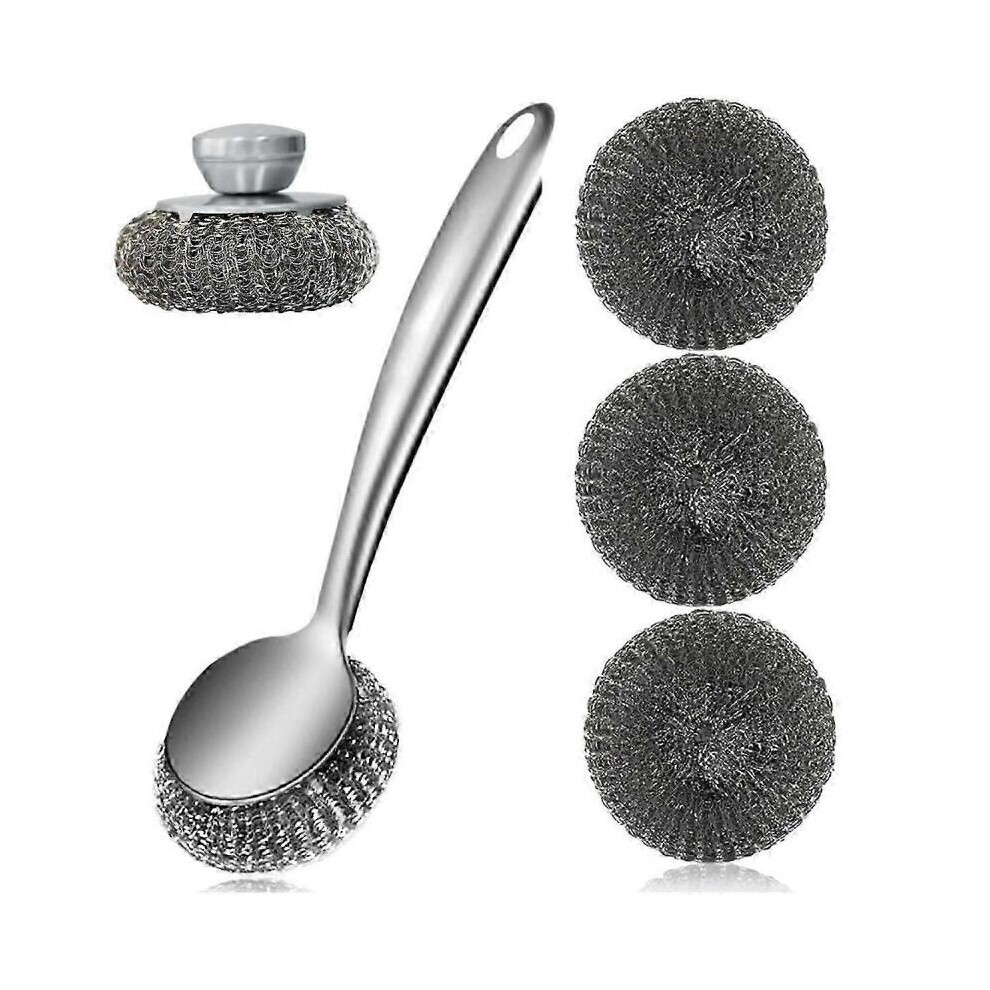Steel Wool Scrubber Dish Brush with Handle, Deep Cleaning Metal Scrubber Set, Steel Scrubber for Dishes,Metal Scrubbers Edition 0822