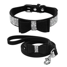 (black-XXS)Pet Products Shiny Rhinestone Pet Collar Flexible Microfiber Bow Dog Collar Rhinestone Cat Collar