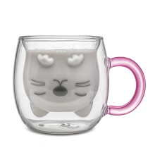(Purple)PurpleQinhai Cute Cat Coffee Mug,Double Wall Glass Tea Cup,Valentines Easter Mothers Day Graduation Christmas,Gifts for Women Wi