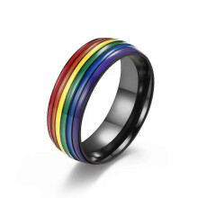 (black-6)Stainless Steel Unisex Couple Rings Rainbow Stripe Finger Knuckle Bands Men