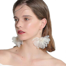 Pendientes grandes colgantes de pétalos grandes con flores grandes y borla floral de gasa para bodas y vacaciones (marfil)