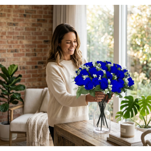 Blue Head Rose Bouquet Artificial Flower 24 Piece 2