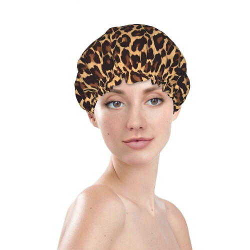 Cuffia da doccia impermeabile con stampa leopardata per uomo e donna, a doppio strato riutilizzabile, resistente e comoda da indossare. 2