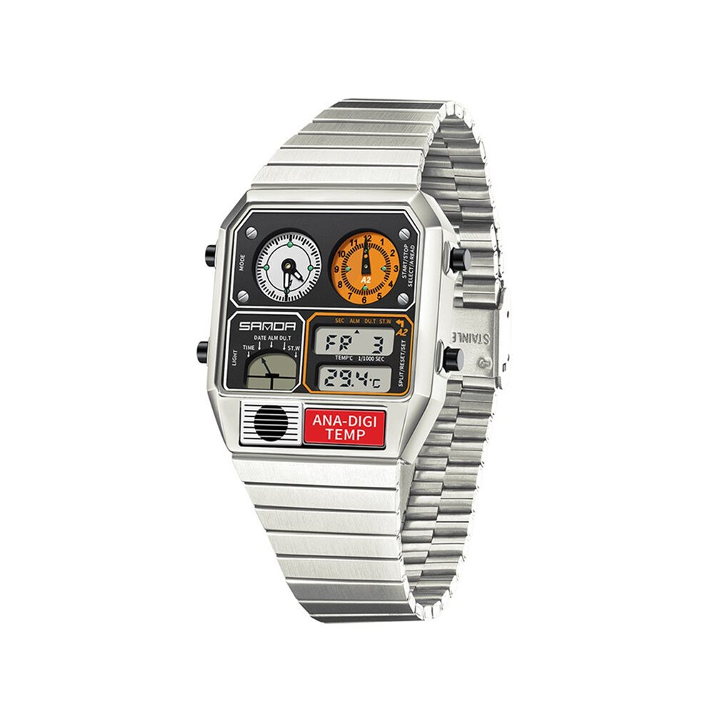 Sanda Digital Watch For Men Themes Multifunctional Wristwatch With Temperature Stopwatch Dual And Calendar Silver White White,Silver 4711995285391