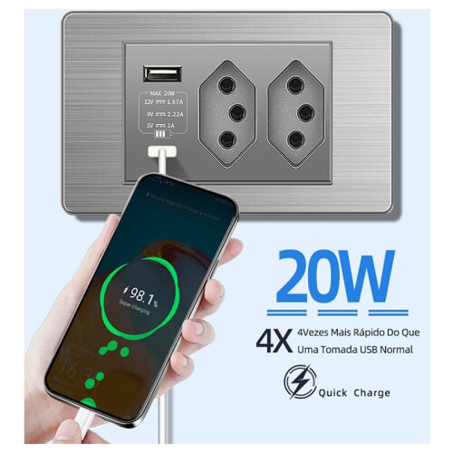 Brazilian Standard Socket Light  Socket Wall Power Socket Dual USB Type-C 20A Fast Charge 20W /Off 2 BR Socket 2