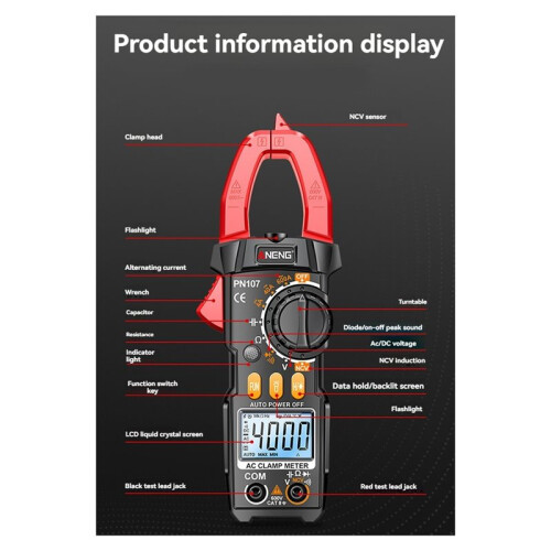 ANENG PN107 Digital Clamp Meter AC/ Voltage True RMS Multimeter 600A Current Testers NCV Induction Ohmmer Tools Black & Red 1