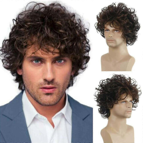 Parrucca da uomo completa, capelli corti, ricci e ondulati naturali 1