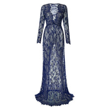 Elegant Maternity V Neck Long Sleeve Sheer Lace-Dark Blue XXXXL