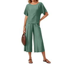 2 Piece Sets for Women  Cap Sleeve Crop Top Wide-Dark Green L