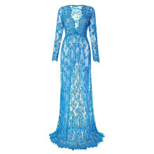 Elegant V Neck Long Sleeve Lace Maternity-light blue XXXXL