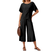 2 Piece Sets for Women  Cap Sleeve Crop Top Wide Leg-Black XXXL