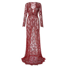 Maternity Dress Long Sleeve V Neck Lace Fitted-Wine Red XXXL