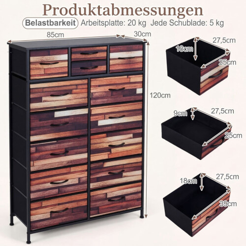 Kommode mit 14 Stoffschubladen, Metallgestell und Holzplatte 1