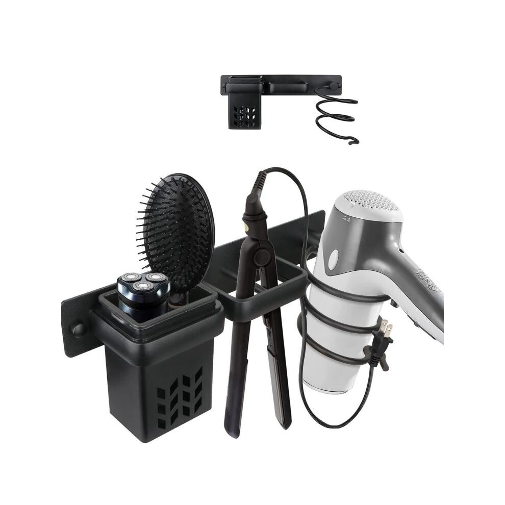 Aluminum Wall Mounted Hair Dryer and Straightener Holder Bathroom Organizer(Black)