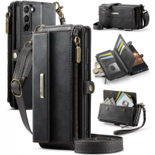 Kompatibel mit Samsung Galaxy S21 4G / Galaxy S21 5G Hülle CASEME C39 RFID Reißverschluss Brieftasche Ständer Lederhülle mit Tragegurt
