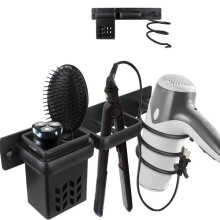 Soporte de pared de aluminio espacial compatible para secador de pelo con pinza y estante para baño (negro)