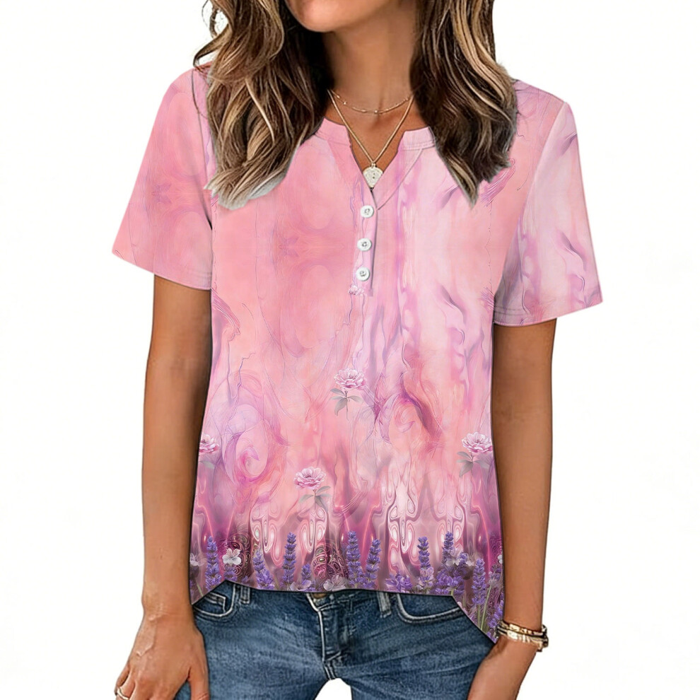 Fuchsia Women's T-Shirts, V-Neck, Short Sleeve, Elegant- S