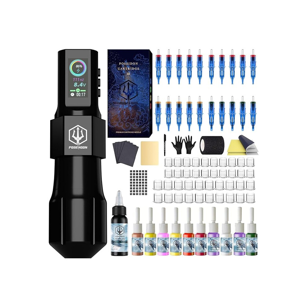 Poseidon Tattoo Gun Kit Pen With 20Pcs Needles Cartridge And Wireless Power, Pen Kit With Digital Led Display, Tattoo Machine Tattoo Supplies For Artist
