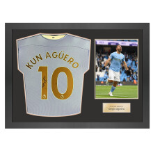 Sergio Aguero Signed Manchester City 2020-21 Home Football Shirt. Icon Frame