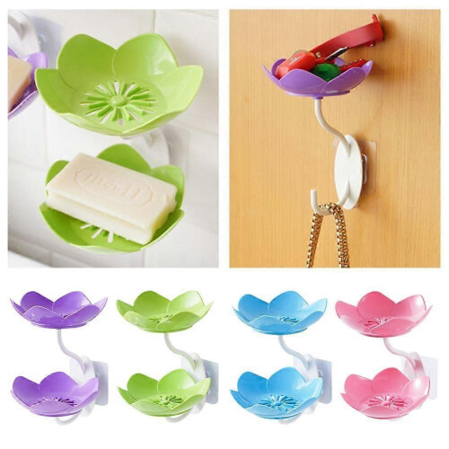 (purple) Soap Dish Flower Shape No Punching Wall Mounted Double Layer Drain 2