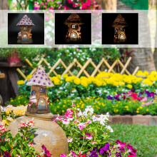 Fairy Garden House Solar Garden Statyer Skulptur Miniatyr Figurine Trädkoja Dekor Gräsmatta Gård Ornament Dekoration