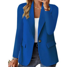 Women Long Sleeve Business Casual Coat Lapel Button-Blue XXL