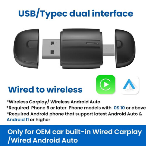 Adattatore Carplay Wireless Android Auto 2 In 1  Dongle USB Type-C con Controllo Cablato e Wireless per Auto 1