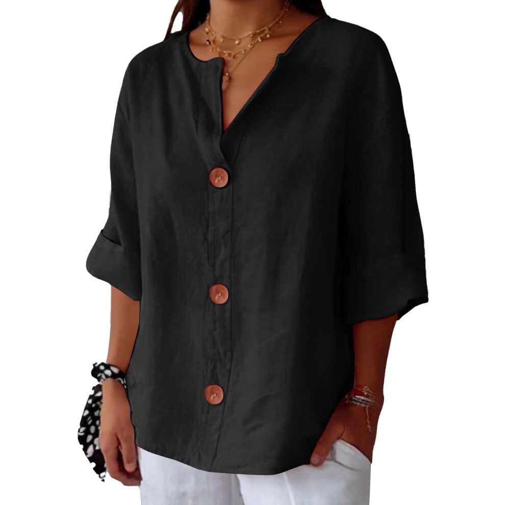 Black Linen Shirts For Women Summer Cotton Linen V Neck- Xxxl