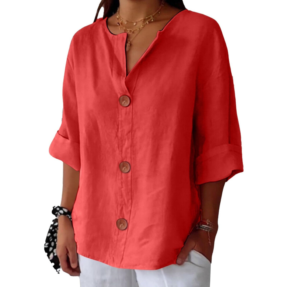 Red Linen Shirts For Women Summer Cotton Linen V Neck 3/4- Xxxl