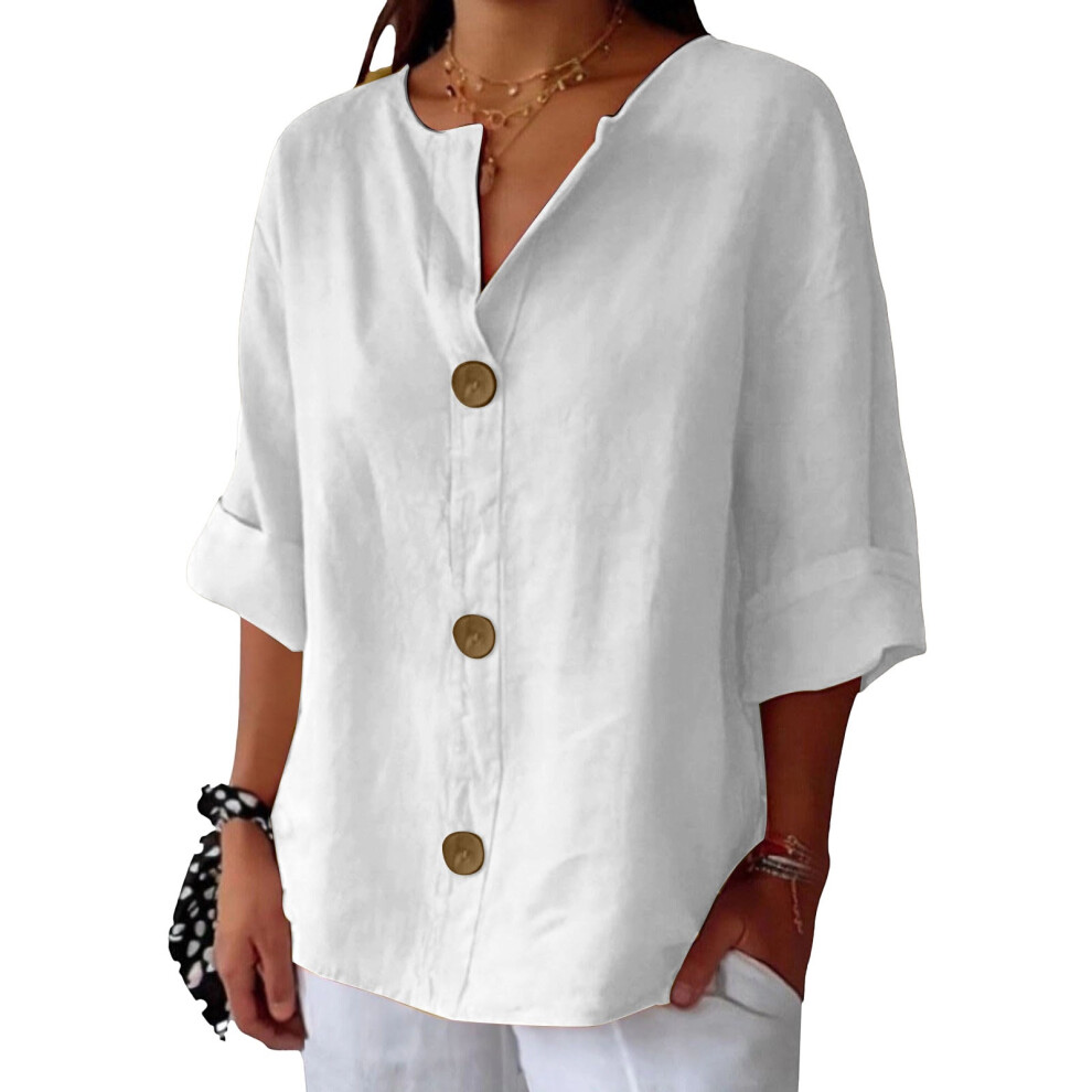 White Linen Shirts For Women Summer Cotton Linen V Neck- Xxxl