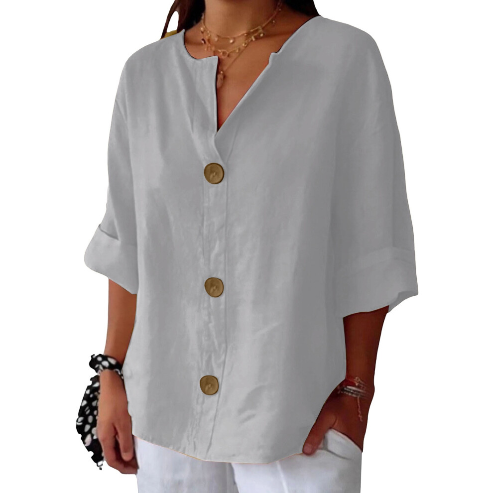 Gray Linen Shirts For Women Summer Cotton Linen V Neck 3/4- Xxl