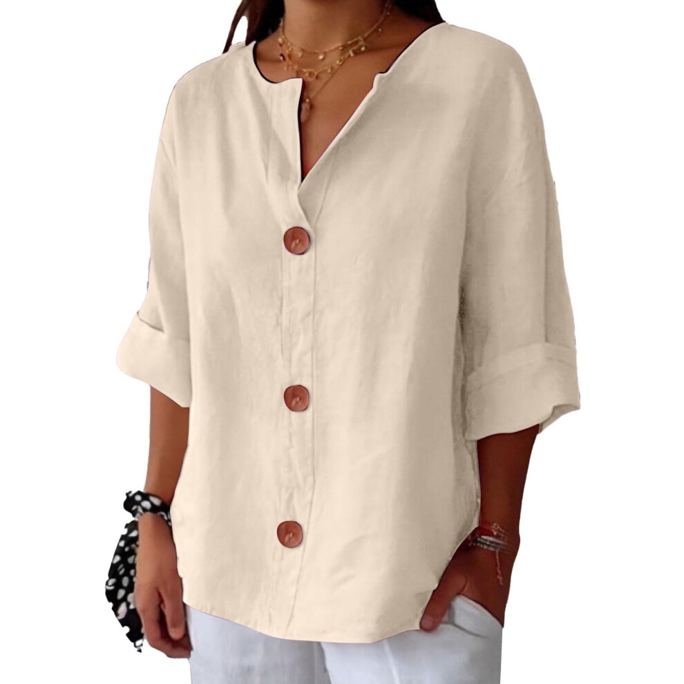 Linen Shirts for Women Summer Cotton Linen V Neck 3/4-apricot S