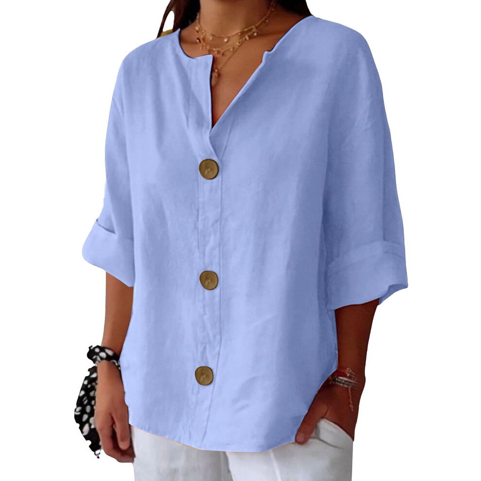 Sky Blue Linen Shirts For Women Summer Cotton Linen V Neck- Xxxl
