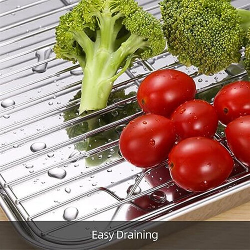 Flat Bottom Drain Tray, Barbecue Tray, Grid Rack, Draining and Preparation Tray, Baking Tray with Cooling Rack Set 2