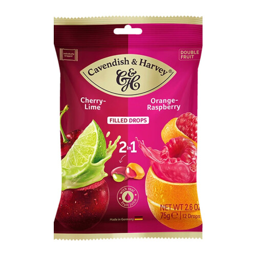 Cavendish &amp; Harvey Καραμέλες Orange and Raspberry Drops με γέμιση Cherry and Lime 75g