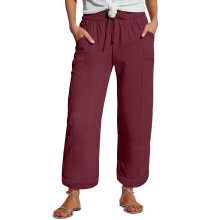 Women's wide-leg linen trousers, casual style,-Burgundy XXL
