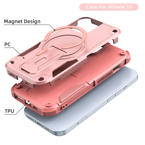 (iPhone 15, Rosa) iPhone Hülle stoßfest mit Ständer und Magnetring 2