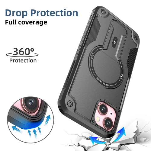 (iPhone 15 Plus, Mattschwarz) iPhone Hülle stoßfest mit Ständer und Magnetring 1