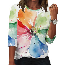 Women's flowers Print Shirt Casual Three-quarter-Yellow L