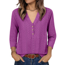 Damen-T-Shirts, halbe Ärmel, V-Ausschnitt, Baumwolle-Fuchsia 5XL