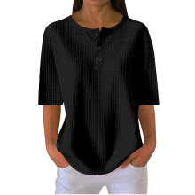 Women's Short Sleeve Knit Shirts Casual Loose Button-Black XL