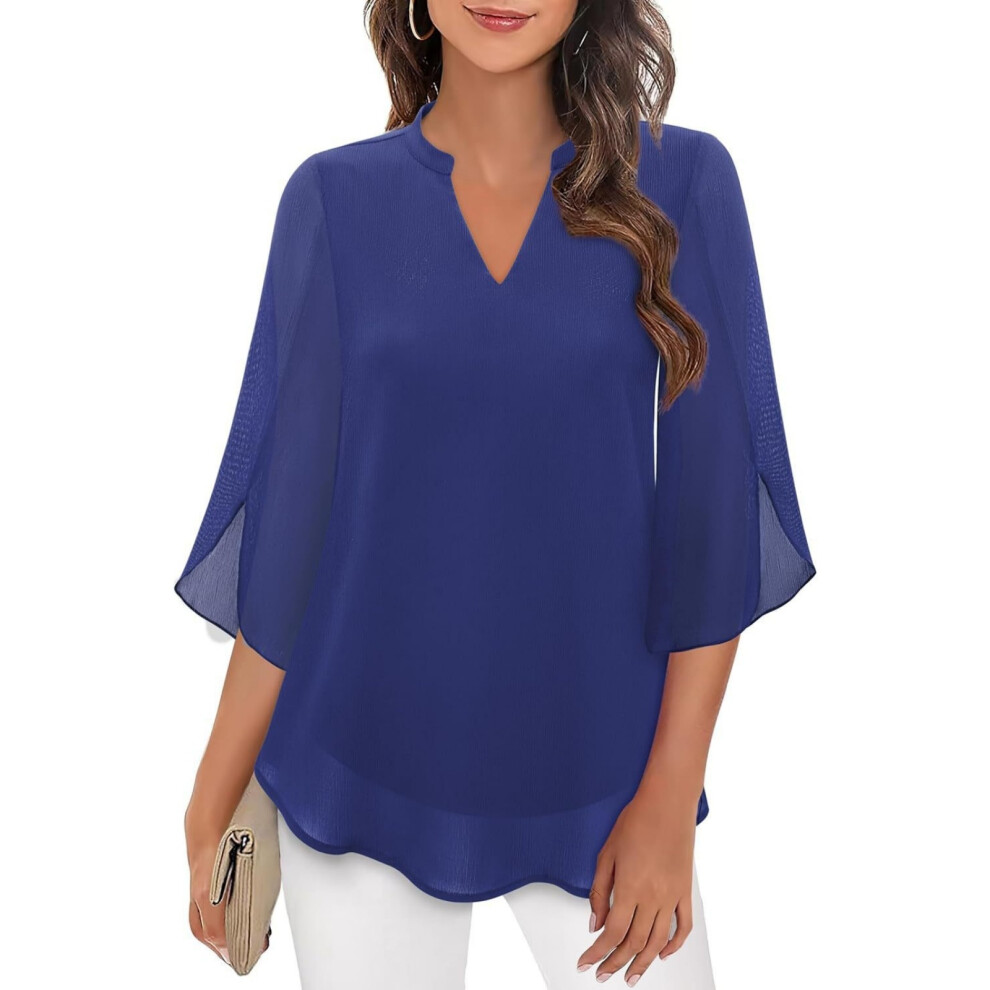 Blue Womens Tops Dressy Casual Ruffle 3/4 Sleeve V Neck- Xxl