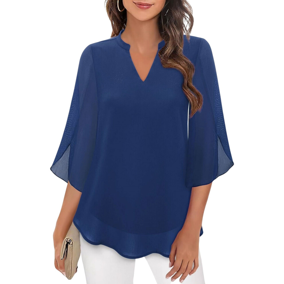 Blue Womens Tops Dressy Casual Ruffle 3/4 Sleeve V Neck-Navy M