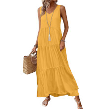 Women Casual Sleeveless V-neck Flowy Tiered Maxi-Yellow L