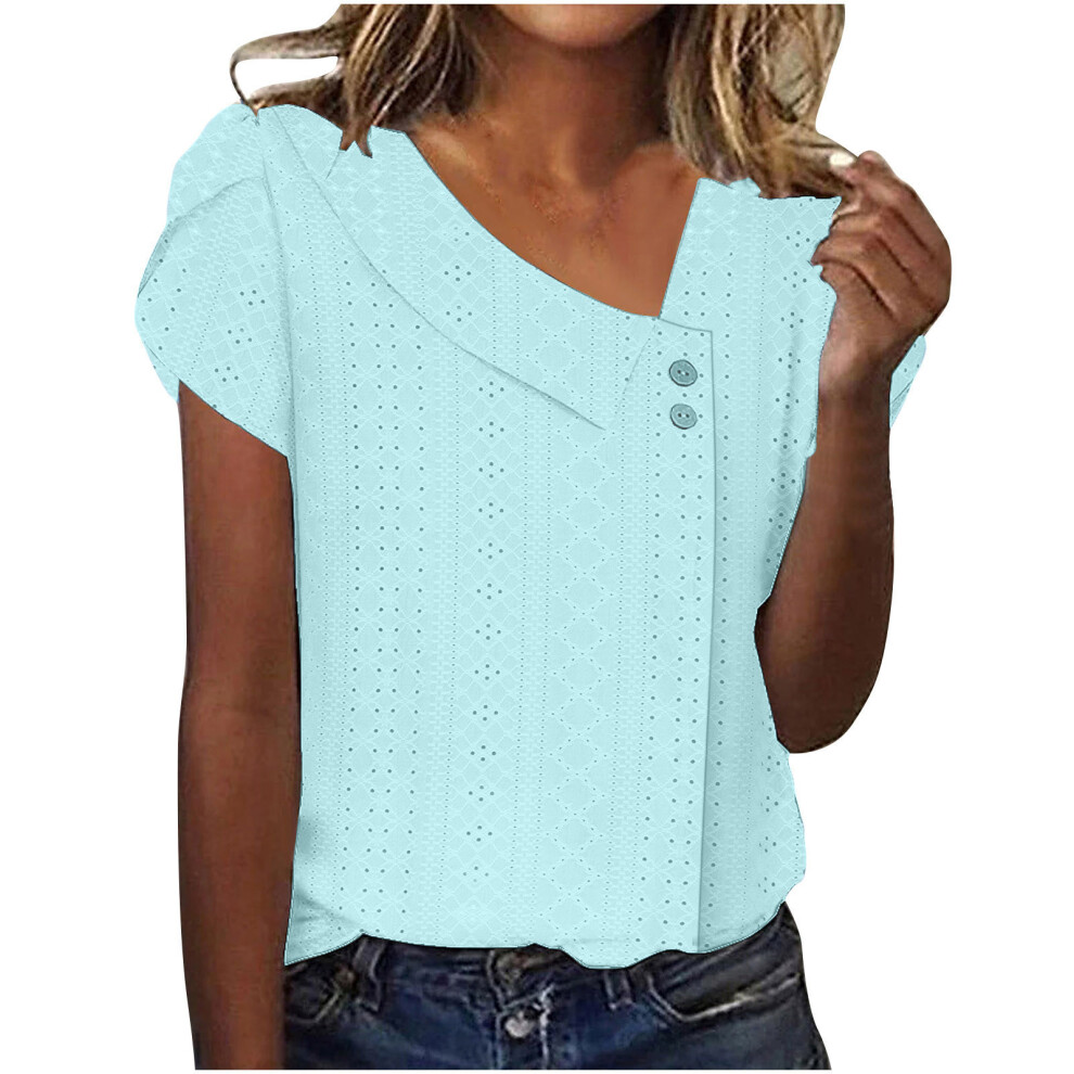 Sky Blue Short Sleeve Blouses For Women Short Sleeve- L
