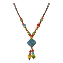 Bohemian Ceramic Necklace Artistic Beads And Square Charm 70cm
