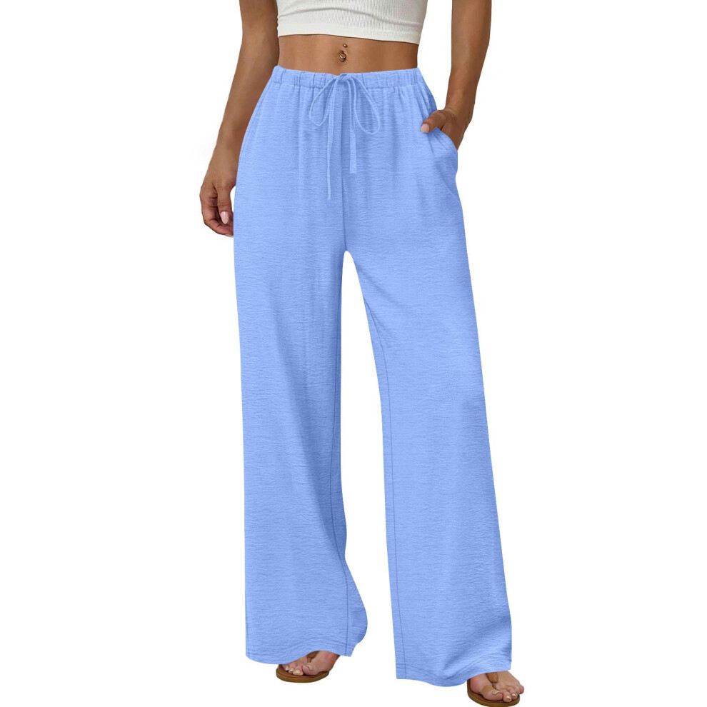 Sky Blue Women's Wide Leg Pants Flowy Drawstring Elastic- Xl